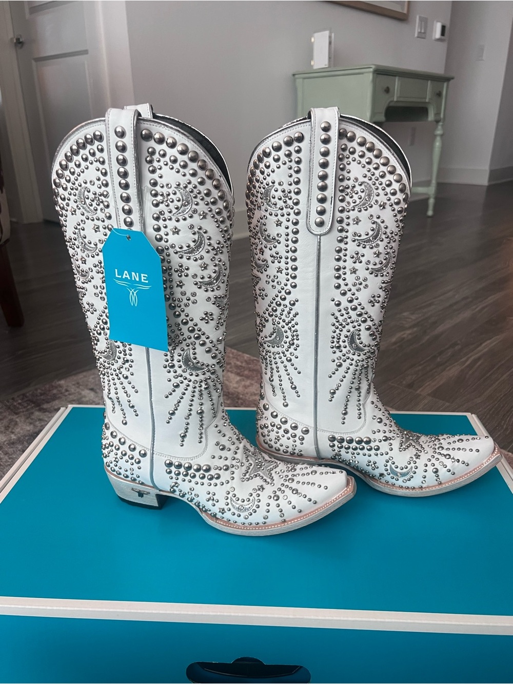Lane White Studded Western Heeled Boots for Women